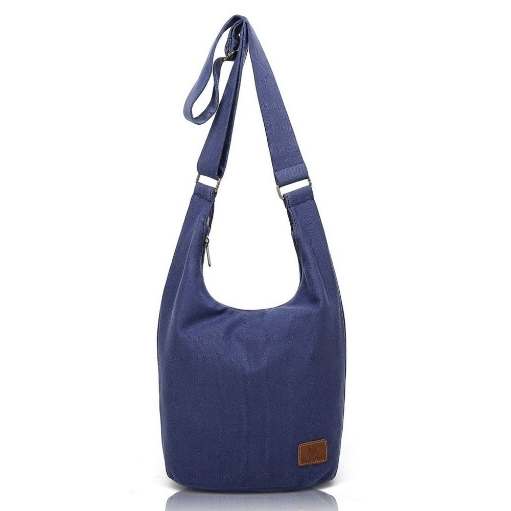 COTON POSE Hippie Crossbody Bag Top Zip Large Size Cotton Sling Bag Blue Adjust‎